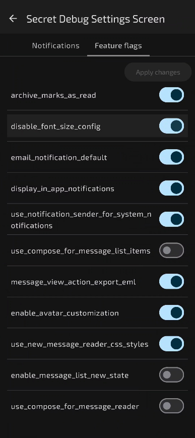 In-app debug screen with feature flags and switches